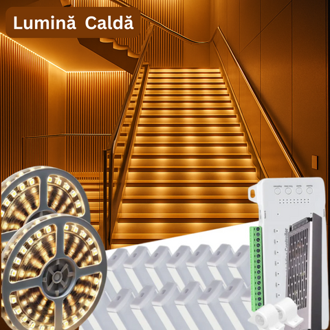 Kit Iluminat Pentru 16 Scari, cu Senzori, Banda LED 24V, Sursa Alimentare si Profile Aluminiu