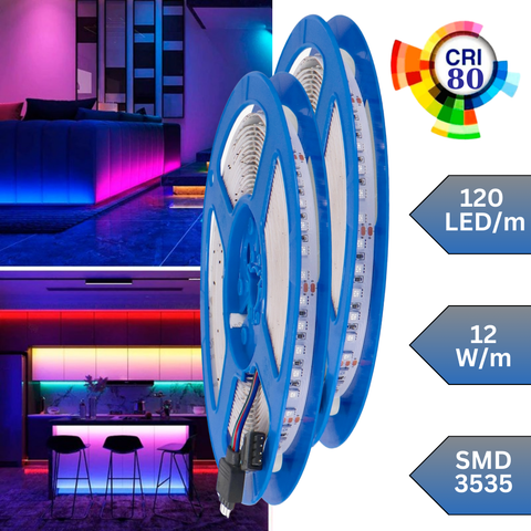 Banda LED RGB 24V SMD3535, consum 12W/m, 120LED/m pentru interior/exterior, IP65