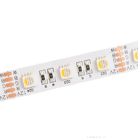 Detaliu LED-urilor SMD5050 cu 4 cipuri – roșu, verde, albastru și alb cald