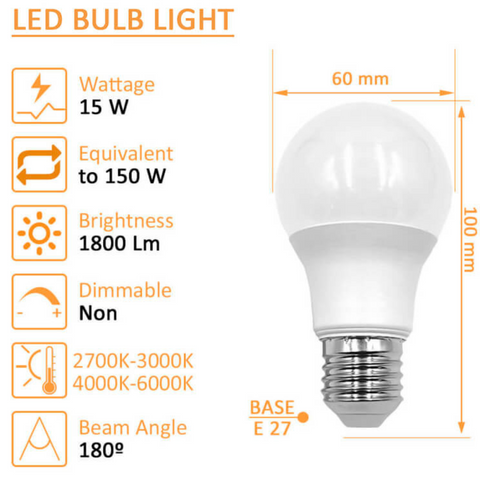 Bec LED E27 A60 15W lumina rece