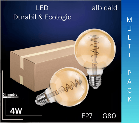 Bec LED decorativ 4W E27 G80, lumina alba calda 2200K, dimabil - led-box.ro