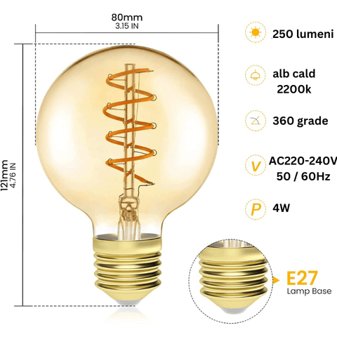 Bec LED decorativ 4W E27 G80, lumina alba calda 2200K, dimabil - led-box.ro