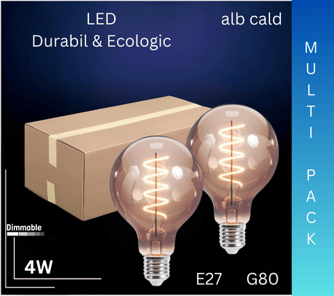 Bec LED decorativ 4W E27 G80, lumina calda, dimabil, sticla fumurie - led-box.ro
