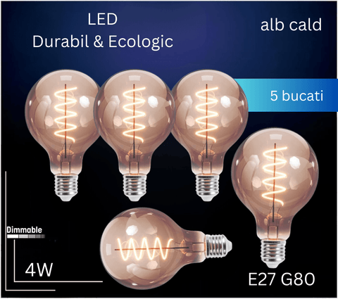 Bec LED decorativ 4W E27 G80, lumina calda, dimabil, sticla fumurie - led-box.ro