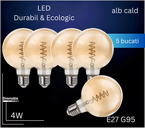 Bec LED decorativ 4W E27 G95, lumina alba calda 2200K, dimabil - led-box.ro