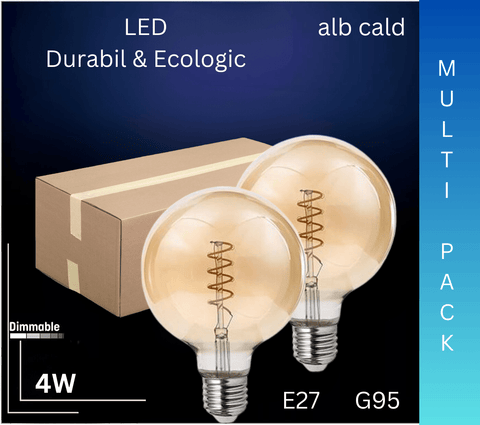 Bec LED decorativ 4W E27 G95, lumina alba calda 2200K, dimabil - led-box.ro