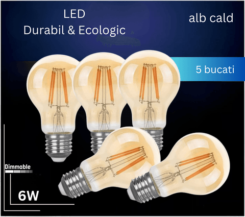Bec LED decorativ, 6W E27 A60, 2200K, dimabil - led-box.ro