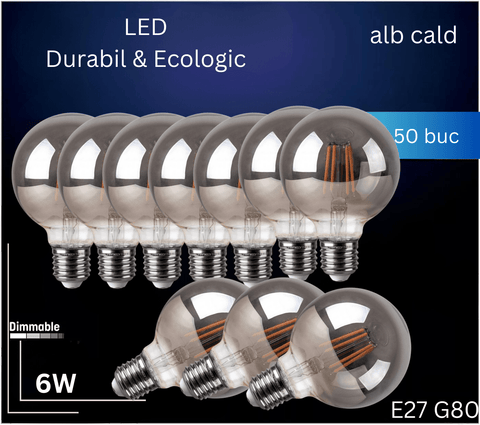 Bec LED decorativ 6W E27 G80, lumina calda, dimabil, sticla fumurie - led-box.ro