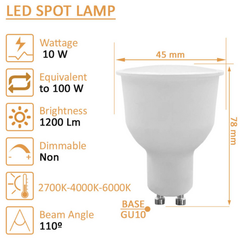 Caracteristici spot LED GU10: 10W, 6000k, lumină rece, eficiență energetică ridicată