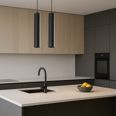 Iluminat decorativ Paipu negru montat în bucătărie