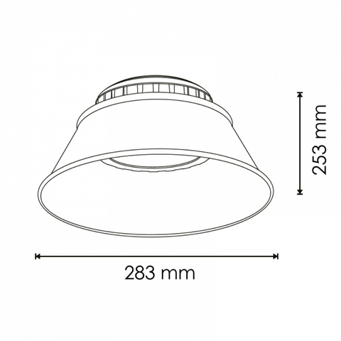 Detaliu tehnic al lămpii LED UFO gri, cu dimensiuni 283x253 mm și CRI 70 led-box.ro