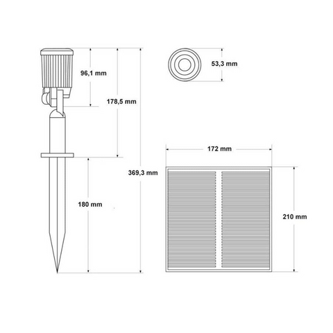 Imagine cu dimensiuni spoturi cu tarus si panou solar, led-box.ro