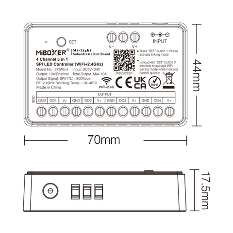 imagine tehnică cu dimensiunile controlerului MiBoxer SPI WiFi 2.4GHz