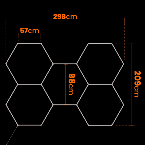 Panou LED cu design hexagonal, 5 segmente interconectate, lumină rece puternică, dimensiune 298x209cm, led-box.ro