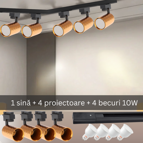 Sistem de iluminat cu șină neagra de 1 metru și 4 proiectoare Diamond cu becuri LED GU10 Osram 10W, spații rezidențiale.