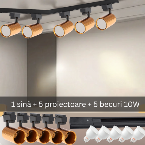 Set modern cu șină neagra și 5 proiectoare Diamond, fiecare dotat cu bec LED GU10 Osram 10W, pentru iluminat interior.