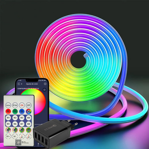 Conținutul pachetului: bandă LED neon flex led rgb 5m, telecomandă, alimentator USB 5v, sursa cu incarcare rapida, led-box.ro