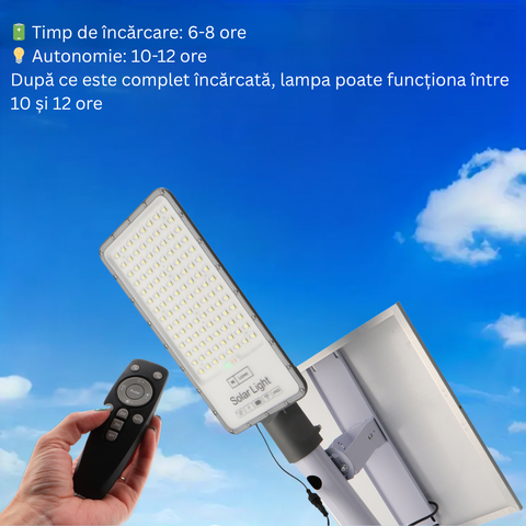 lampa led cu panou solar 250w, autonomie 12ore, incarcare 6 ore, led-box.ro