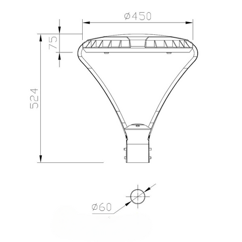 Schiță tehnică felinar LED 60W cu dimensiuni 450x524 mm și montaj pe stâlp de 60 mm