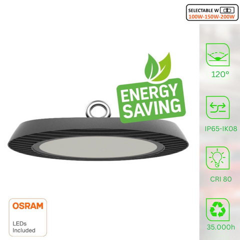 lampa industriala 200w, lampi industriale, lampa high bay, lampi ufo, lampa industriala chip Osram, lampa putere selectabila, lampa high bay putere selectabila, lampi cu putere selectabila, led-box.ro