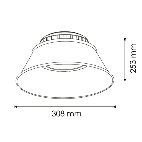 Detaliu tehnic al lămpii LED UFO gri 150W, cu dimensiuni 283x253 mm și CRI 70 led-box.ro