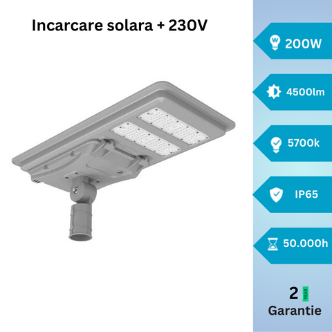 lampa led solara, lampa solara iluminat stradal, lampa solara stradala, lampa hibrid, lampa solara 230v, lampa 200w, lampa cu incarcare solara si 230v, lampa iluminat exterior, led-box.ro