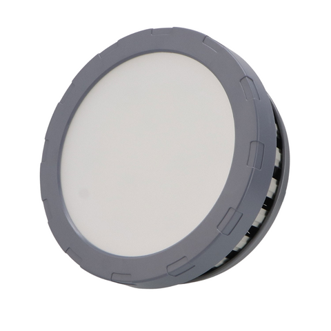 Vedere din laterala a lampii led ufo 100w cu lumina rece si carcasa gri din aluminiu, led-box.ro