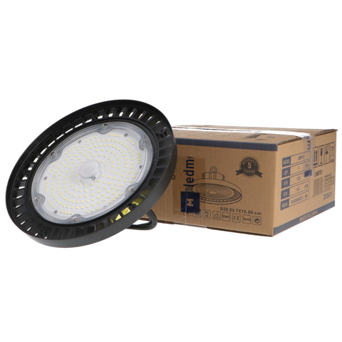 Lumină LED high bay reglabilă 0–10V, eficiență 140lm/W, 100W, temperatură de culoare 5000K.