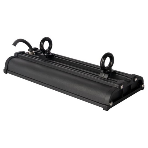 Lampă LED industrială liniară APV de 50W, montaj suspendat cu inele metalice, carcasă neagră din aluminiu
