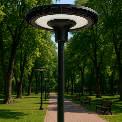 Lampă LED 120w montată pe stâlp într-un parc, pentru alei și grădini, led-box.ro