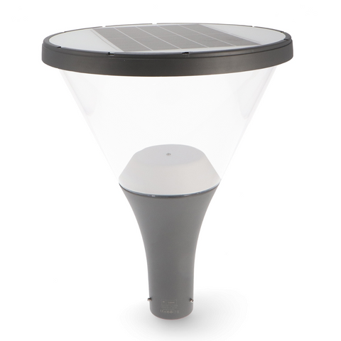 Lampă stradală solară cu design conic modern, montată pe stâlp urban, led-box.ro