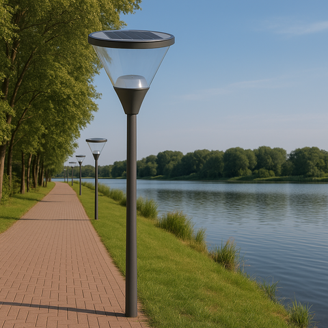 Lampă stradală autonomă cu design conic, ideală pentru bulevarde și parcuri, led-box.ro