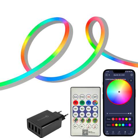 Bandă LED neon flex RGB montată în living, birou sau camera pentru efecte de lumină ambientală