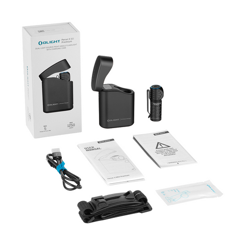 Continut cutie Lanterna Olight Perun 3 Mini, incarcator, carcasa, lanterna, manual utilizare, led-box.ro