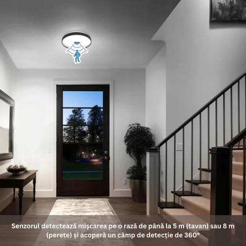 plafoniera moderna slim Ø325mm neagra 24w cu senzor miscare
