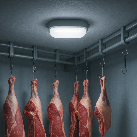 Iluminarea profesională într-o carmangerie, cu carne refrigerată expusă în condiții de igienă optimă, led-box.ro