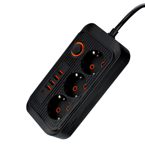 prelungitor multifunctional cu cablu 2 metri, 3 prize unghiulare si porturi usb pentru telefoane sau tablete, led-box.ro