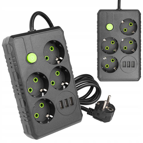 prelungitor cu protectie, prelungitor 4 prize 230V, prelungitor cu prize si USB, prelungitor 230V negru, prelungitor Schuko, prelungitor, prize, USB, Schuko, împământare, încărcător, multifuncțional, prelungitor priza USB, led-box.ro