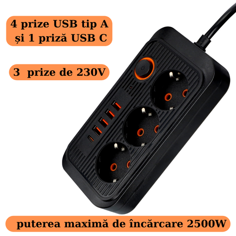 Prelungitor multifunctional cu 4 prize usb tip A si o priza usb tip C, 3 prize 230v, putere maxima 2500w, led-box.ro