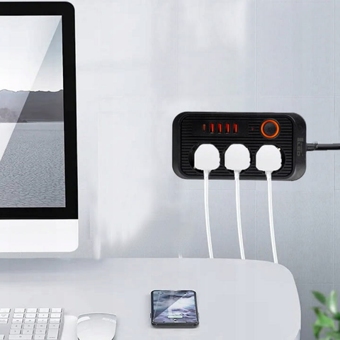 prelungitor multifunctional cu comutator on/off, 3 prize si 5 porturi usb, led-box.ro