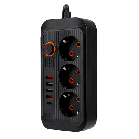 prelungitor negru cu 3 prize unghiulare 230v si 5 porturi usb pentru telefoane sau tablete, led-box.ro
