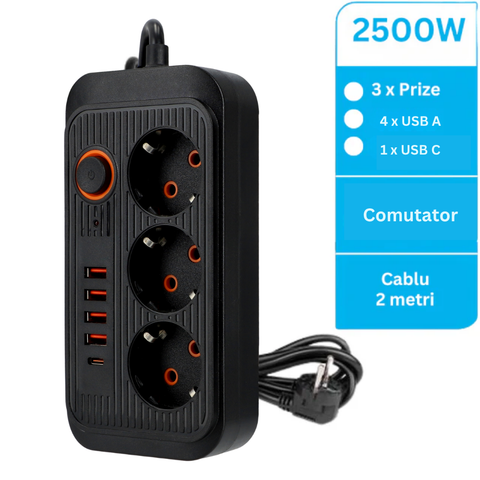 Prelungitor 2500W cu 3 prize si 4 porturi usb A si un port USB tip C pentru telefoane, led-box.ro