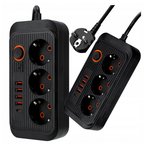 prelungitor multifunctional cu 3 prize, 4 porturi usb tip A si un port usb tip C, led-box.ro