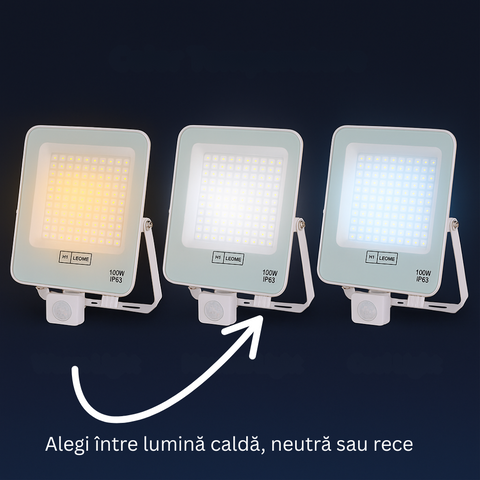 Comparatie între cele trei temperaturi de culoare: lumină caldă, neutră și rece, pe proiectoare LED 100W