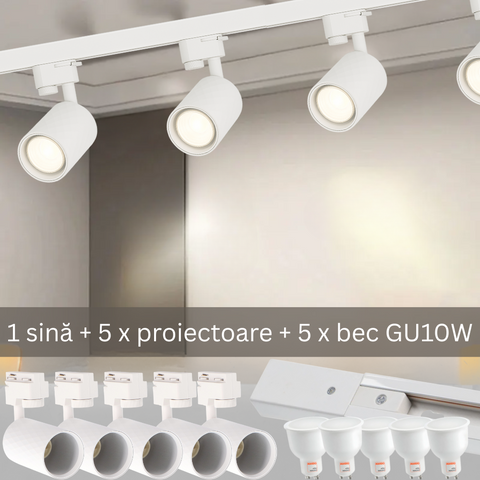 Design minimalist cu șină albă și 5 proiectoare Diamond echipate cu becuri Osram 10W GU10