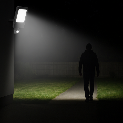 Iluminat exterior inteligent cu proiector LED 100W și senzor, în timpul nopții