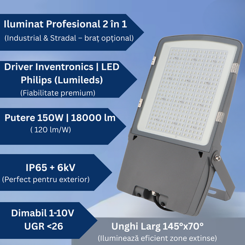 proiector LED 150W, proiector profesional LED, lumina rece 6000K, proiector industrial IP65, lampa stradala LED, proiector LED Lumileds, driver Inventronics, proiector LED dimabil, proiector 2 în 1, iluminat exterior puternic, lampa LED stradala 150W, led-box.ro