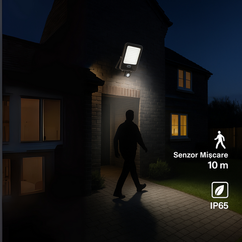 reflector LED 100W IP65 montată pe fațada casei, activată la trecerea unei persoane prin zona de detecție