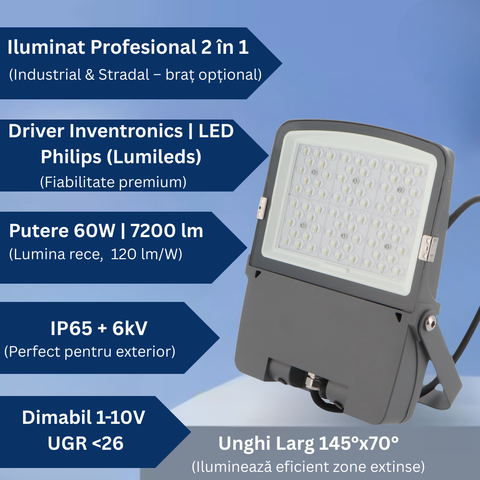proiector LED 60W, proiector profesional LED, lumina rece 6000K, proiector industrial IP65, lampa stradala LED, proiector LED Lumileds, driver Inventronics, proiector LED dimabil, proiector 2 în 1, iluminat exterior puternic, lampa LED stradala 60W, led-box.ro