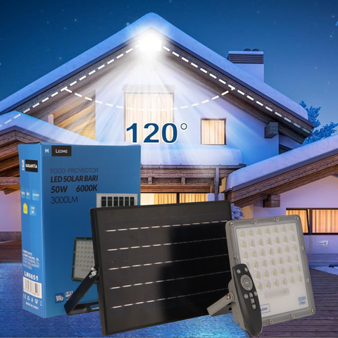 Proiector solar LED 50W cu senzor de mișcare și telecomandă montat pe perete exterior, led-box.ro